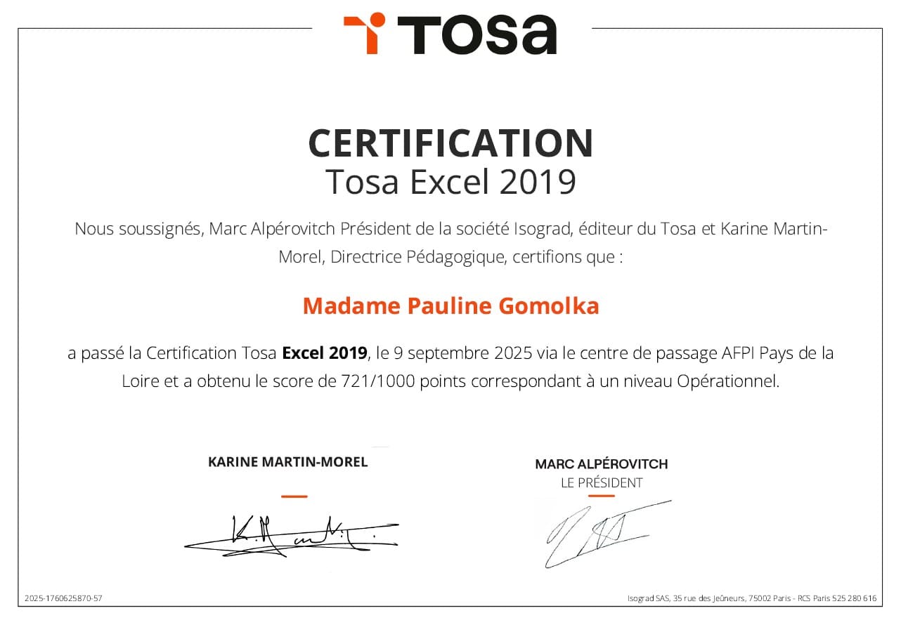 Admin&co by pauline secretaire independante administratif Certification Tosa Admin&co by pauline secretaire independante administratif Certification Tosa